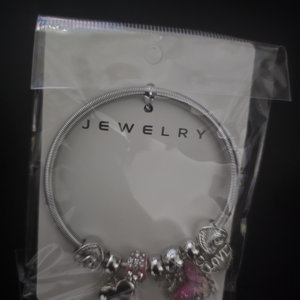 Silver-Tone Charm Bracelet with Pink Butterfly and Heart Charms